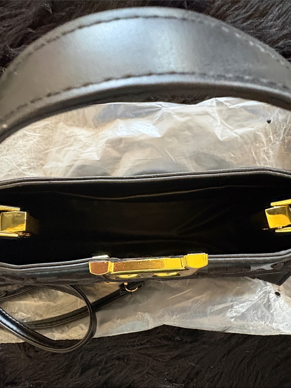 Black Embossed Shoulder Bag with Gold Hardware - Picture 5 of 8